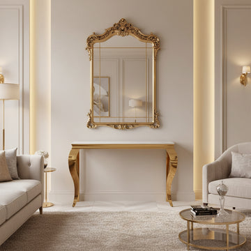 Console métal doré plateau verre trempé marbre blanc 120 cm BAROQUE
