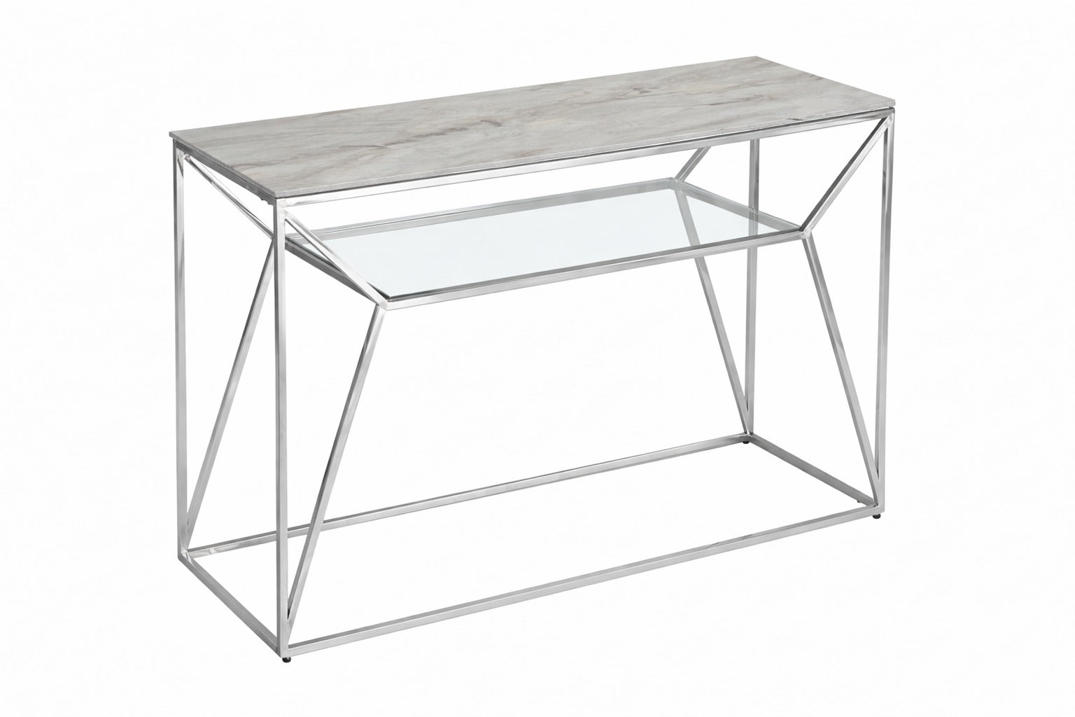 Console métal chrome plateau verre effet marbré blanc 120x40x78 cm CHERYL