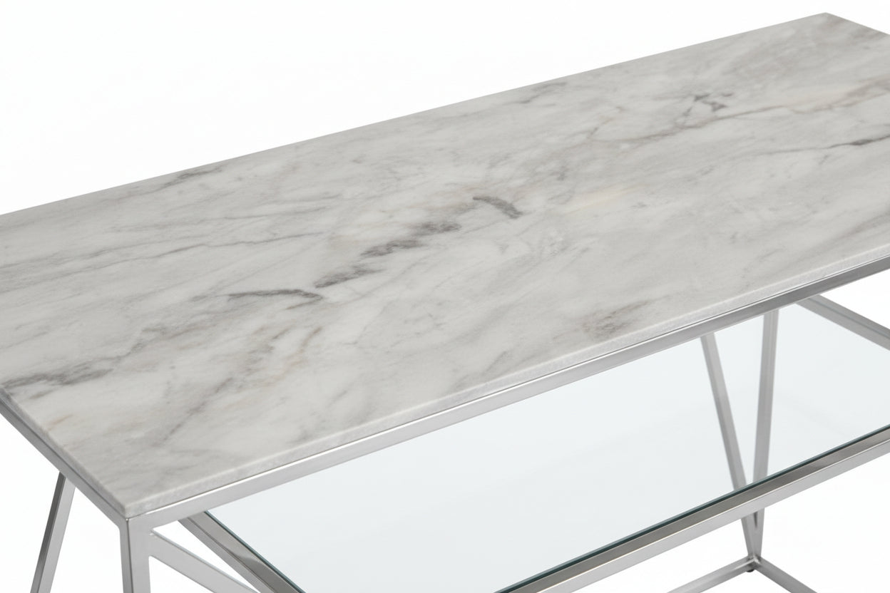 Console métal chrome plateau verre effet marbré blanc 120x40x78 cm CHERYL