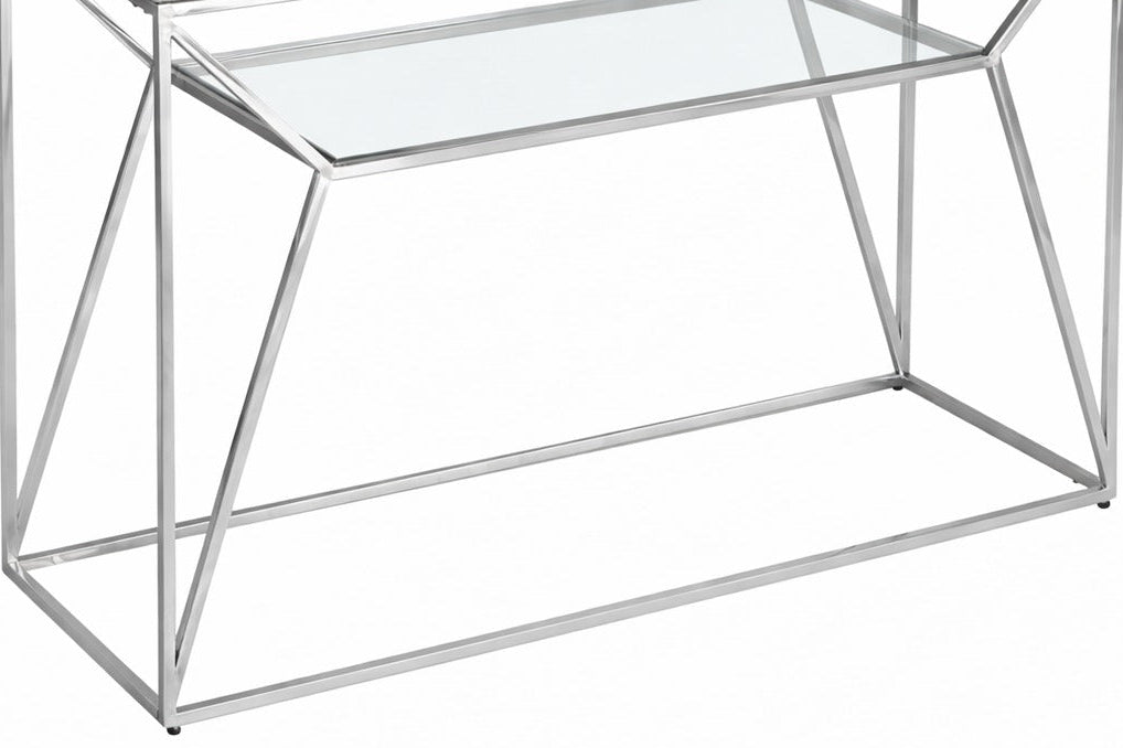Console métal chrome plateau verre effet marbré blanc 120x40x78 cm CHERYL