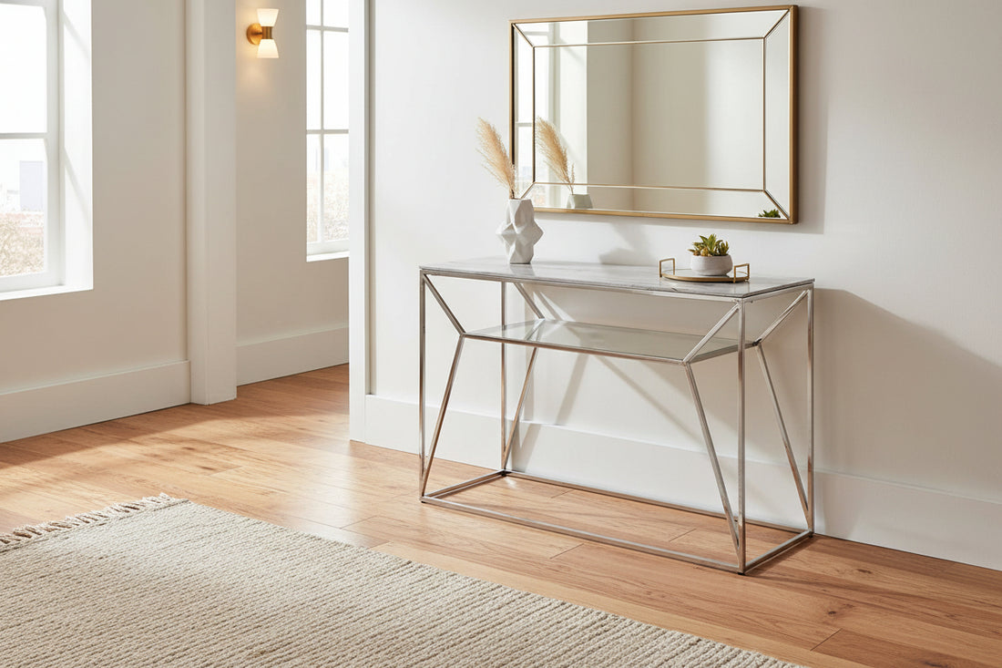 Console métal chrome plateau verre effet marbré blanc 120x40x78 cm CHERYL