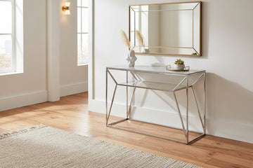 Console métal chrome plateau verre effet marbré blanc 120x40x78 cm CHERYL