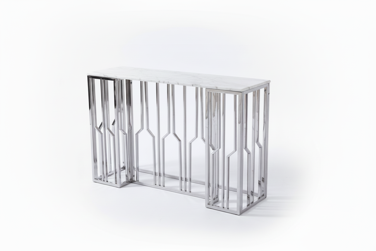 Console effet marbre blanc structure métal chrome 120x40x78 cm PORTOFINO