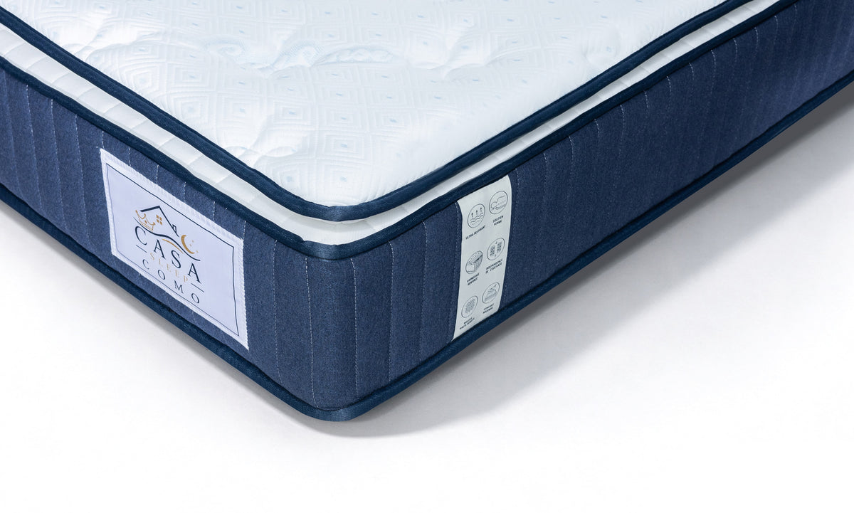 Matelas 180 × 200 cm blanc/bleu — Détail du revêtement et des finitions