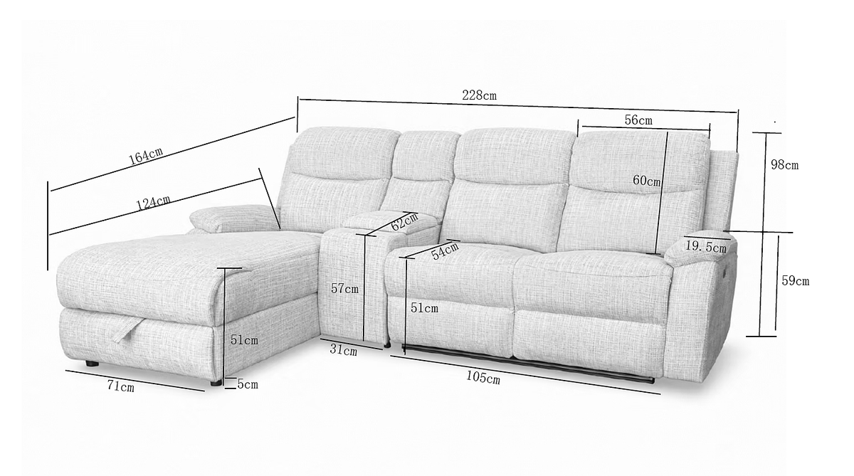 Canapé d’angle gauche avec coffre et fonction relax en tissu Cremona beige – Cosmo