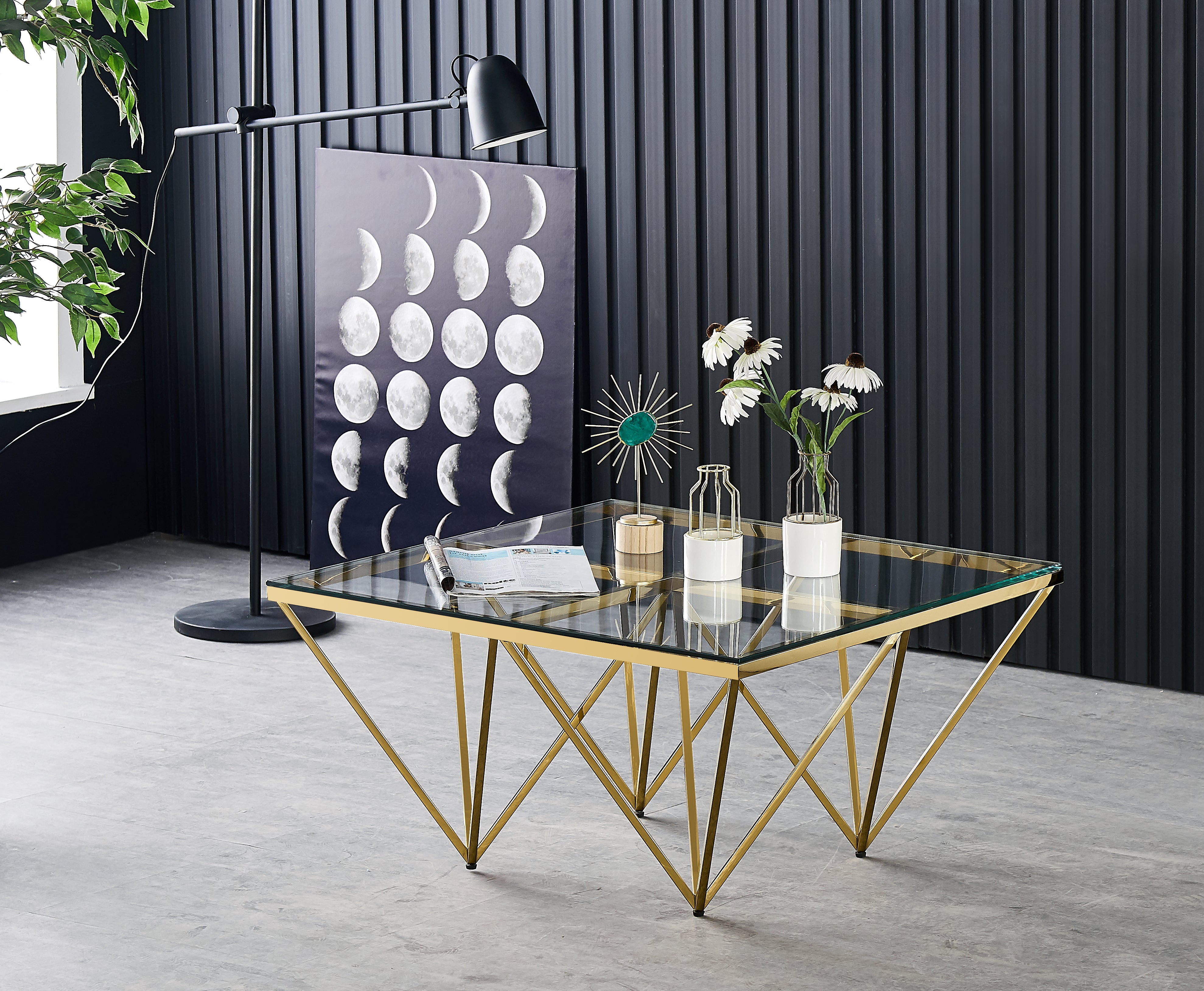 Table Basse Carrée GIZE Verre Trempé Transparent Pieds Gold 80x80x45cm