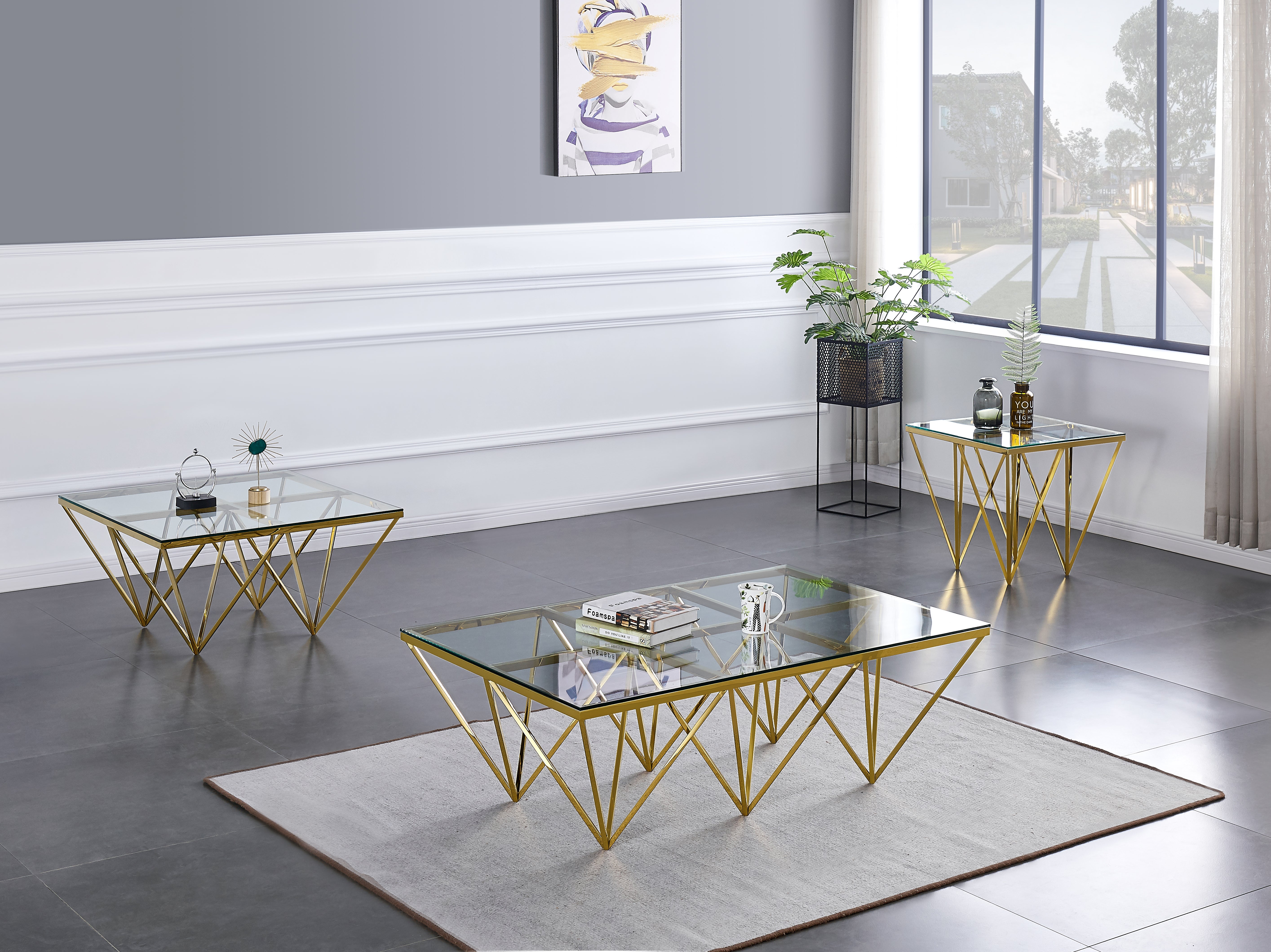 Table Basse Carrée GIZE Verre Trempé Transparent Pieds Gold 80x80x45cm