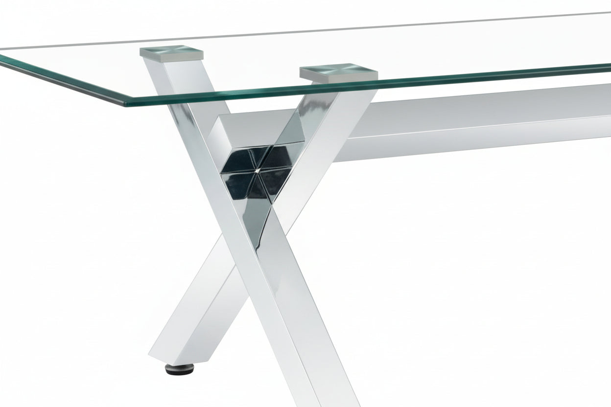 Table Basse IXE Métal Chrome Plateau Verre Trempé Transparent 120x60x45cm