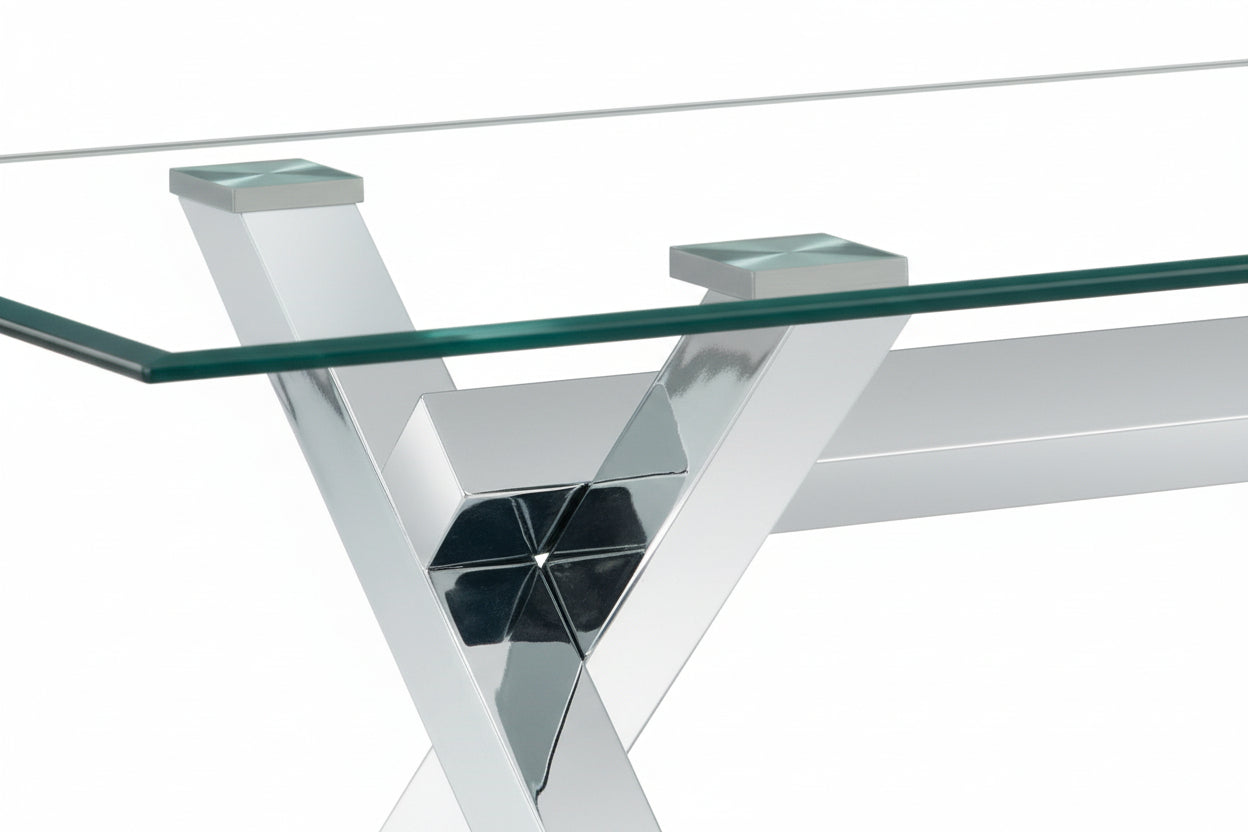 Table Basse IXE Métal Chrome Plateau Verre Trempé Transparent 120x60x45cm