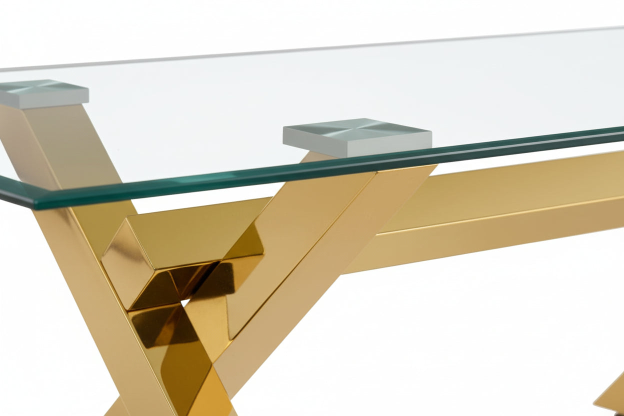 Table Basse IXE Métal Gold Plateau Verre Trempé Transparent 120x60x45cm