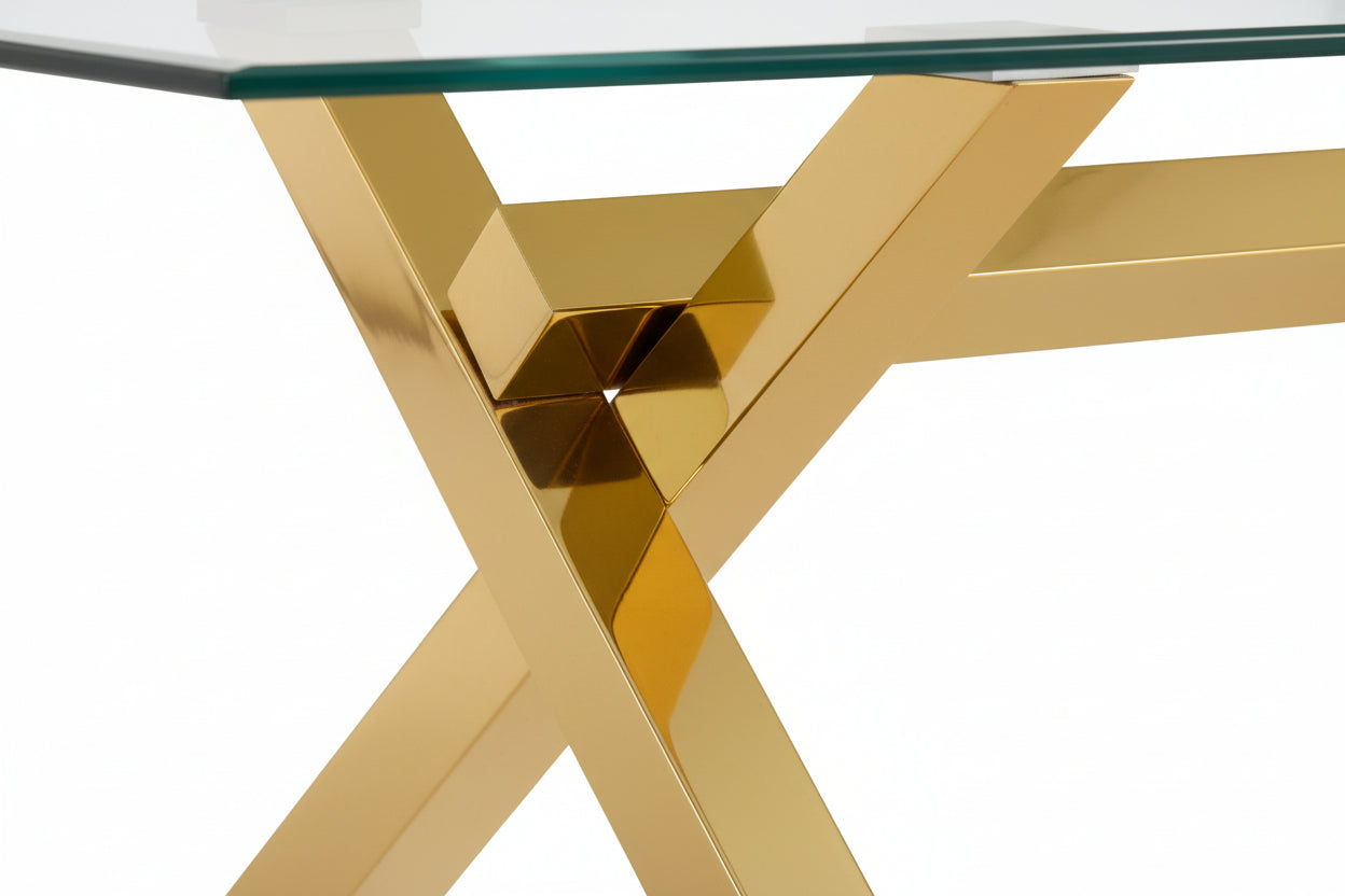 Table Basse IXE Métal Gold Plateau Verre Trempé Transparent 120x60x45cm