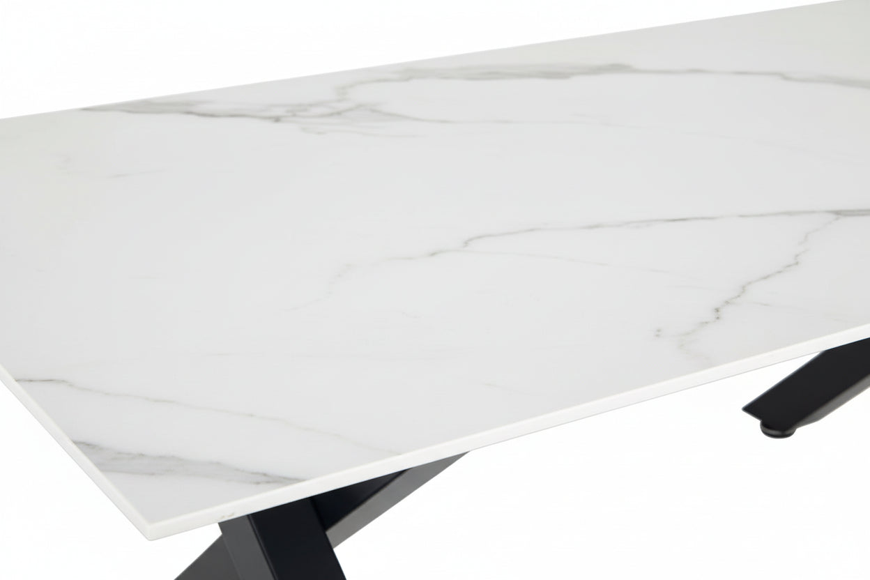 Table Basse IXE Métal Chrome Plateau Verre Trempé Marbré Blanc 120x60x45cm