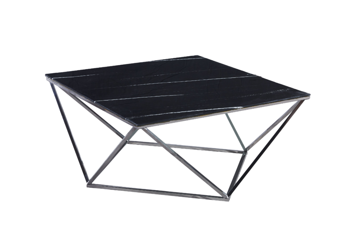 Table Basse ALINA Chrome plateau en verre trempé 80x80x45 cm - Marbré noir