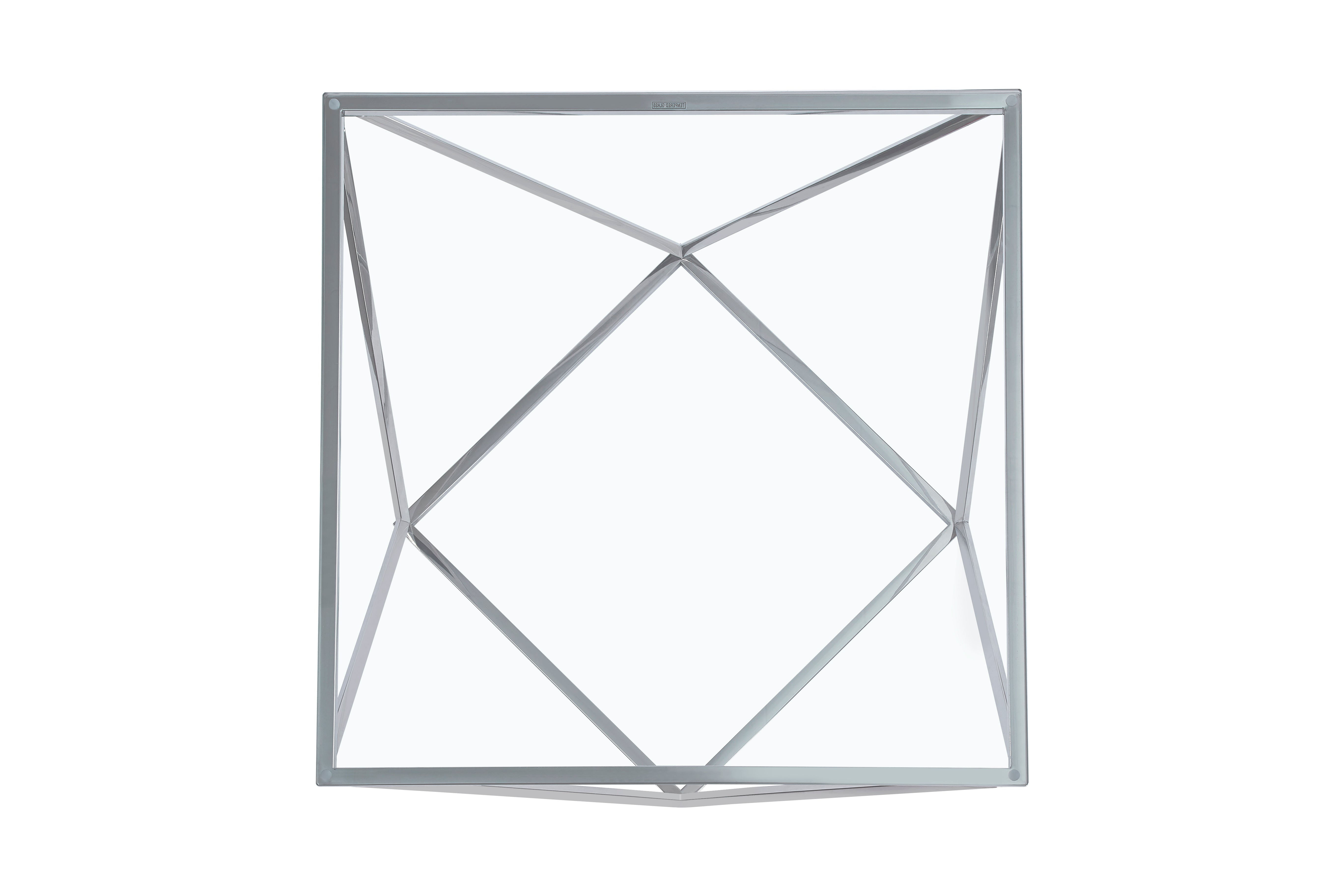 Table Basse Carrée Plateau Verre Trempé Transparent Pieds Chrome 80x80x45cm