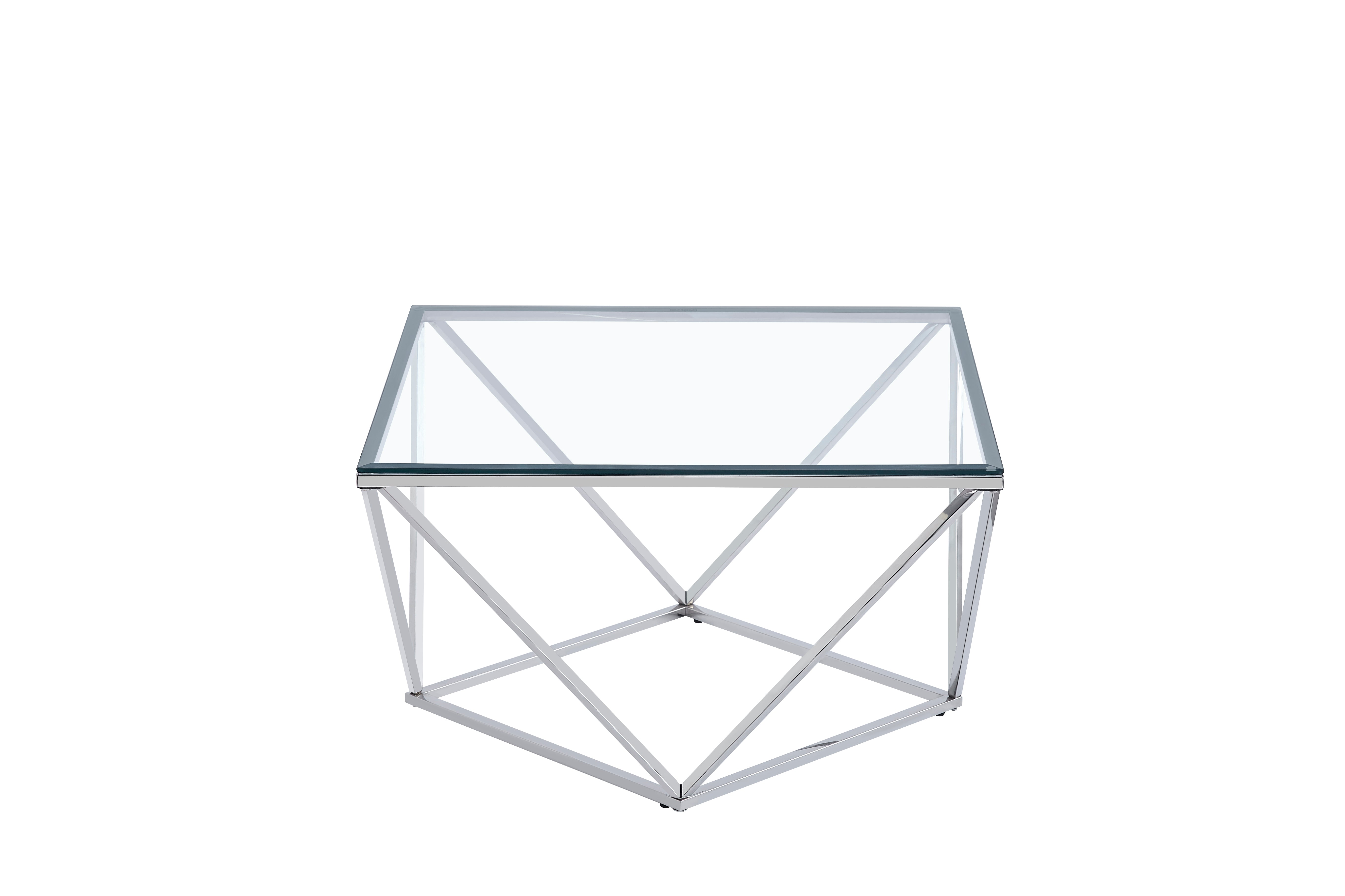 Table Basse Carrée Plateau Verre Trempé Transparent Pieds Chrome 80x80x45cm