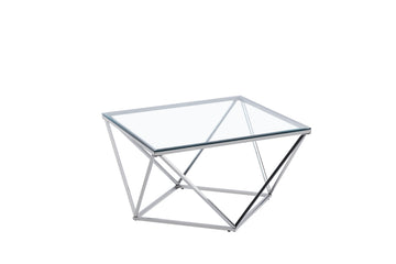 Table Basse Carrée Plateau Verre Trempé Transparent Pieds Chrome 80x80x45cm