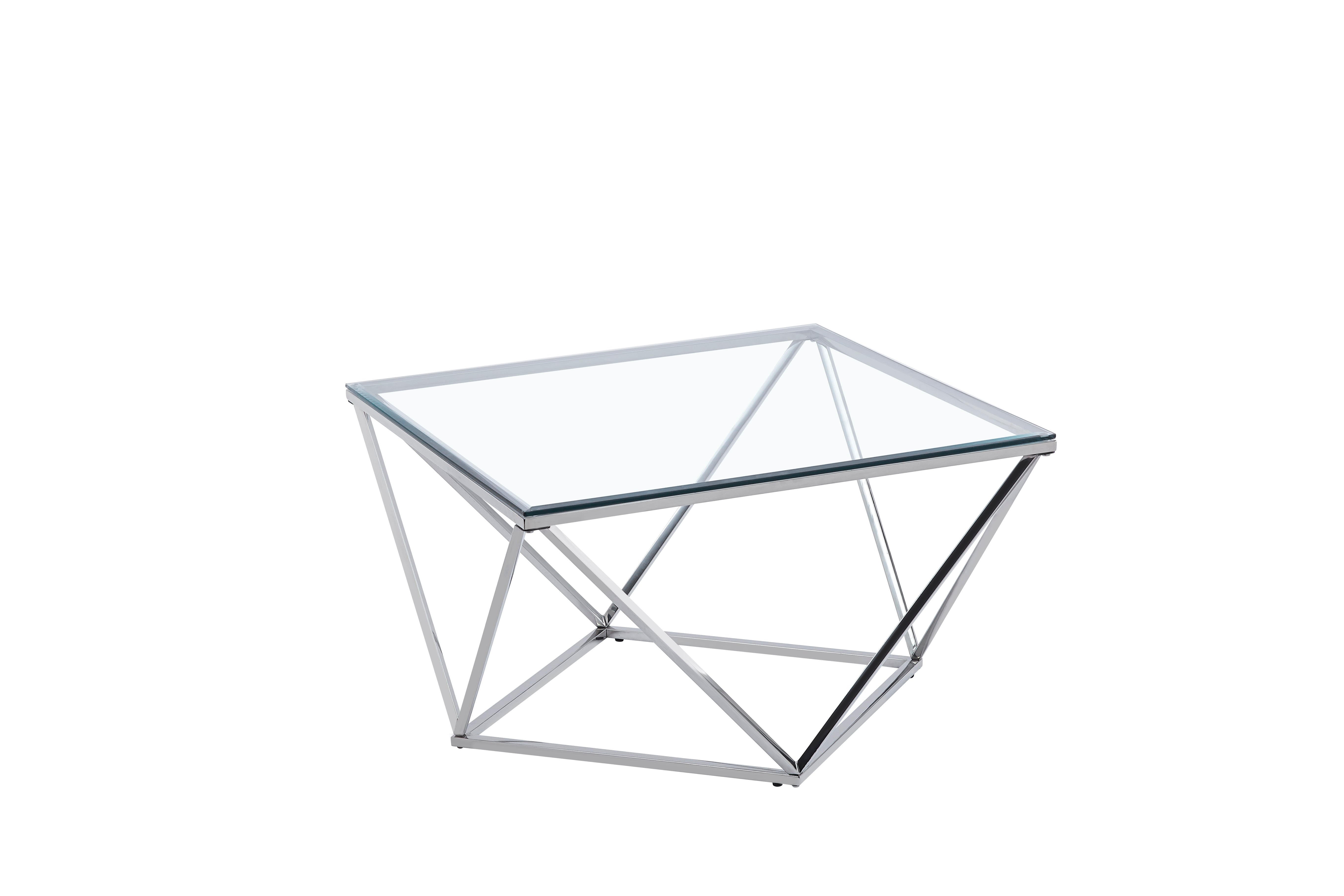 Table Basse Carrée Plateau Verre Trempé Transparent Pieds Chrome 80x80x45cm