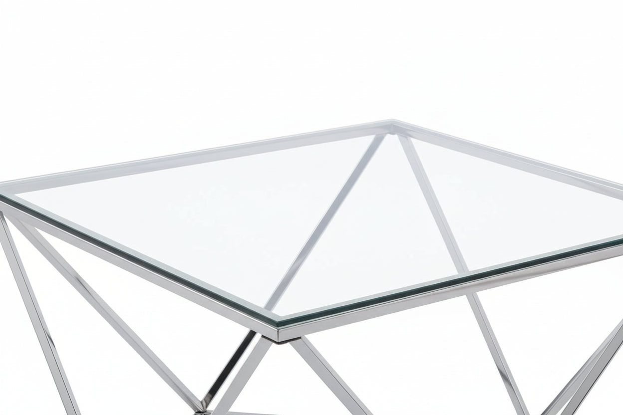 Table Basse Carrée Plateau Verre Trempé Transparent Pieds Chrome 80x80x45cm