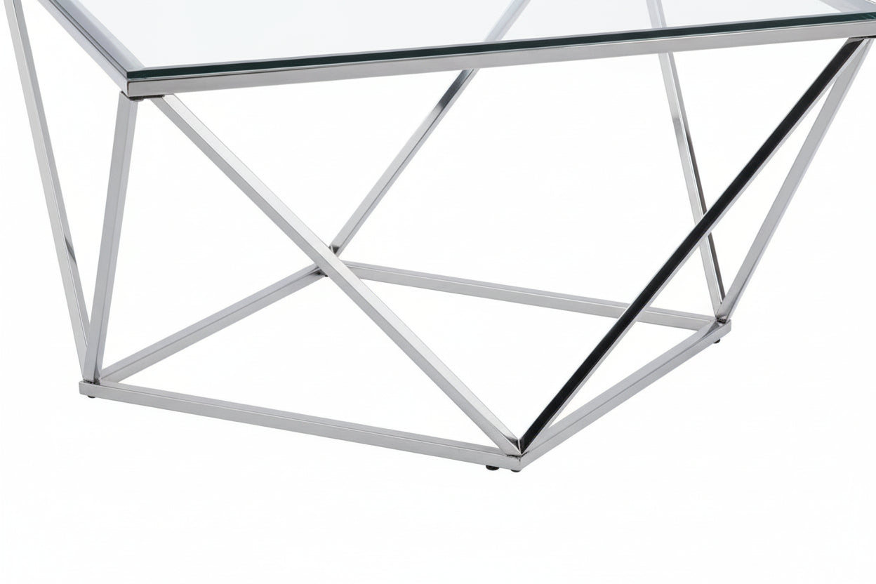 Table Basse Carrée Plateau Verre Trempé Transparent Pieds Chrome 80x80x45cm