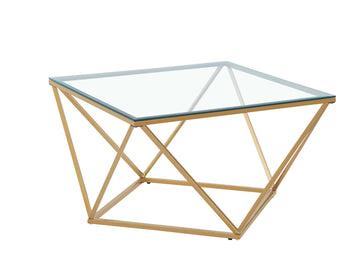 Table Basse ALINA Carrée Plateau Verre Trempé Transparent Pieds Gold 80x80x45cm