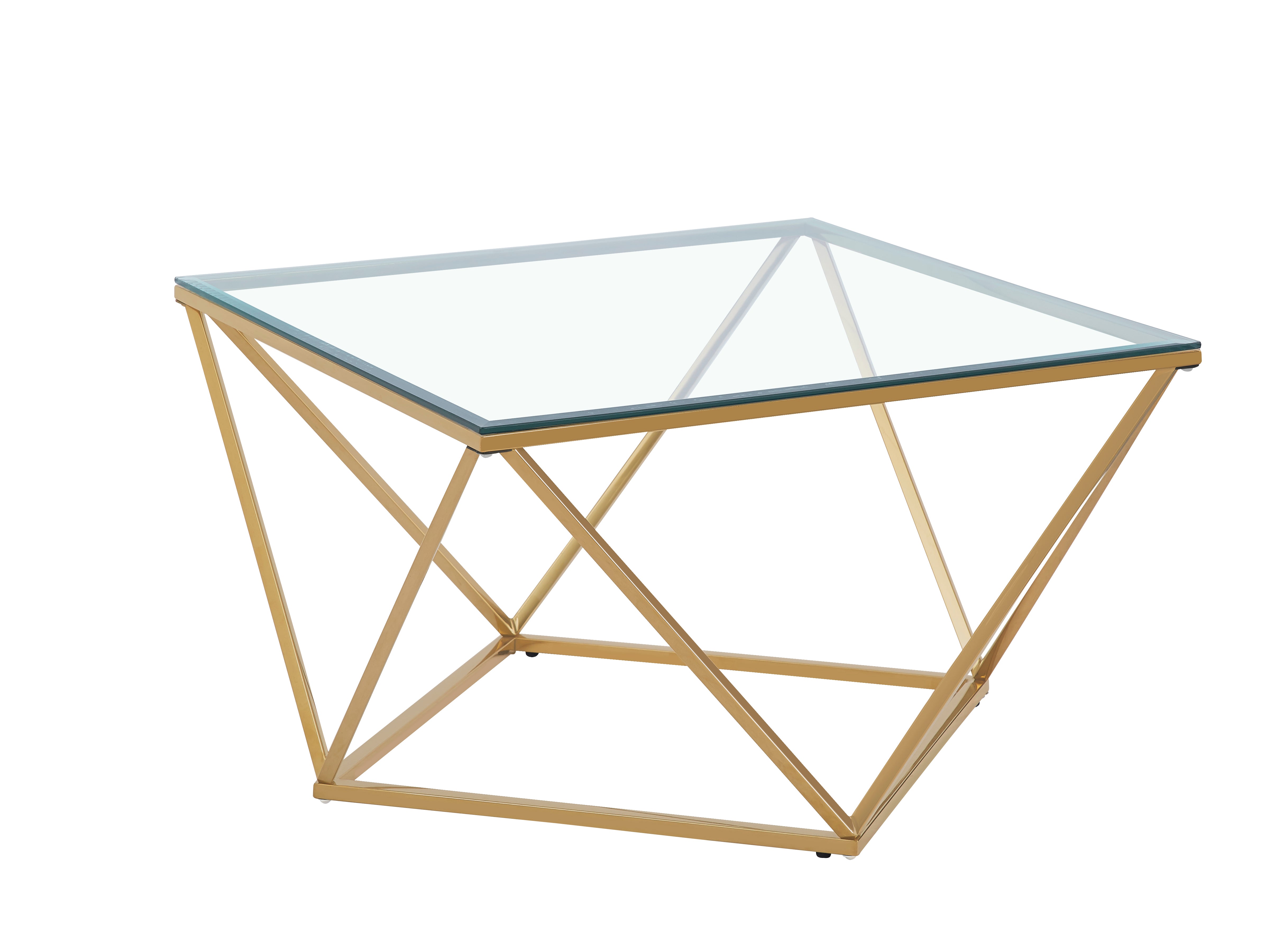 Table Basse ALINA Carrée Plateau Verre Trempé Transparent Pieds Gold 80x80x45cm