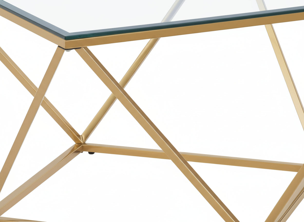 Table Basse ALINA Carrée Plateau Verre Trempé Transparent Pieds Gold 80x80x45cm