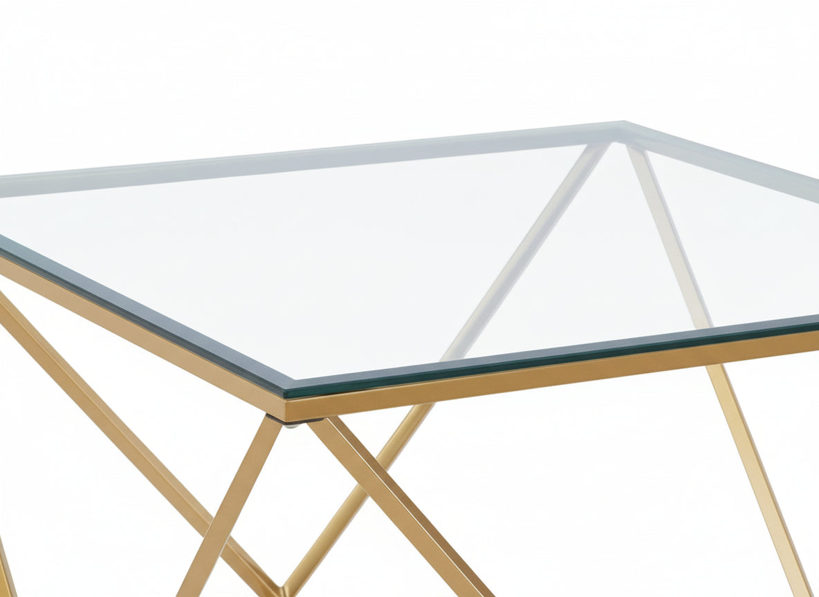 Table Basse ALINA Carrée Plateau Verre Trempé Transparent Pieds Gold 80x80x45cm