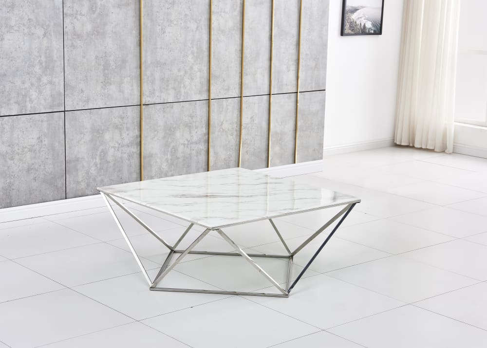 Table Basse ALINA Carrée Plateau Verre Trempé Marbré Blanc Pieds Chrome 80x80x45cm