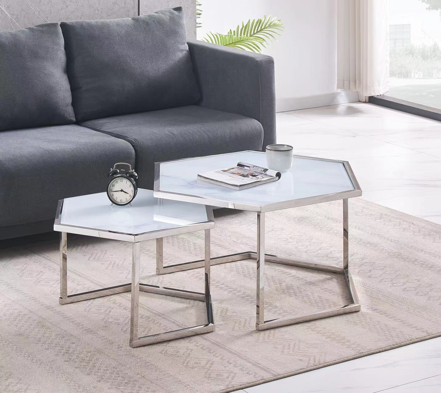 Lot 2 tables basses gigognes verre blanc 60cm HEXAGONA