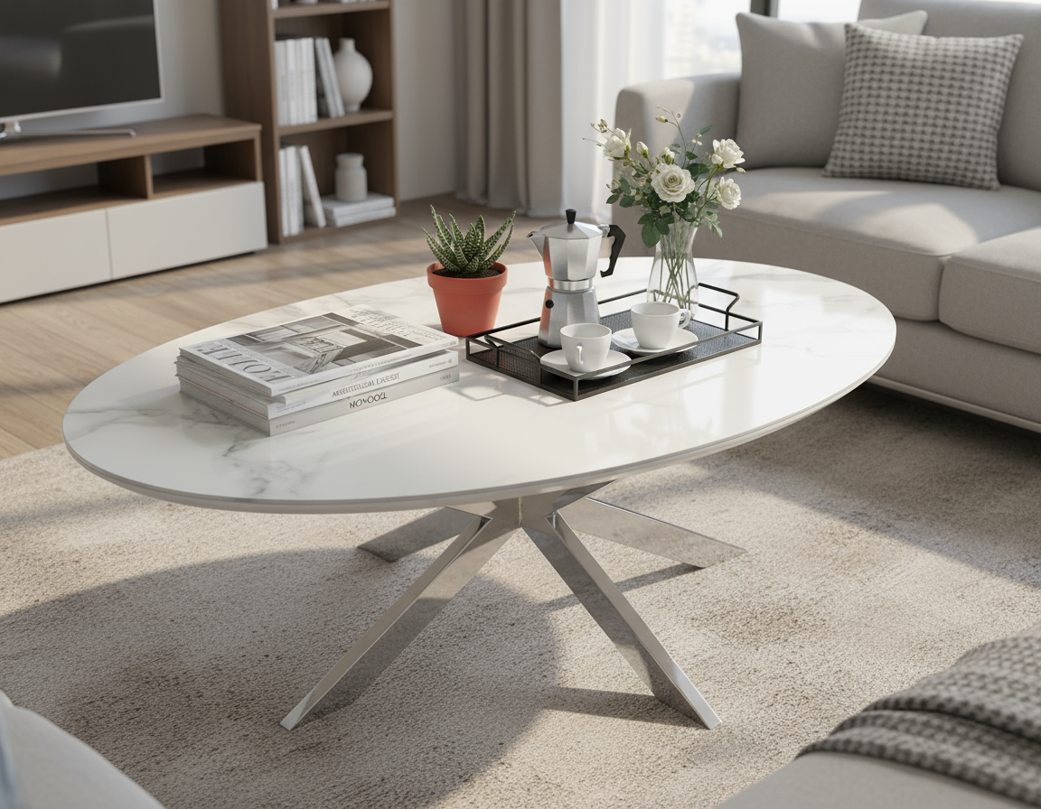 Table basse MANON Chrome Céramique Marbre Blanc #couleur_blanc