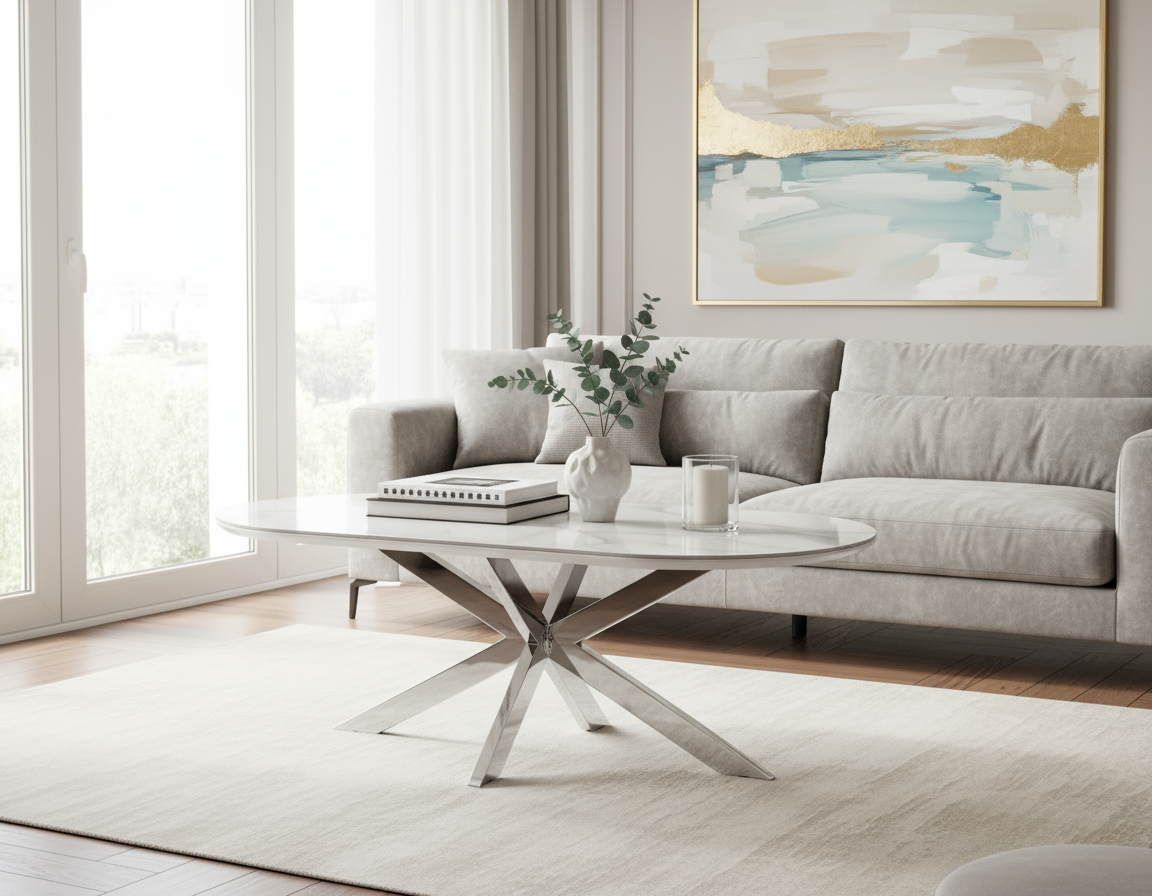 Table basse MANON Chrome & Céramique Marbre Blanc 120x60 cm