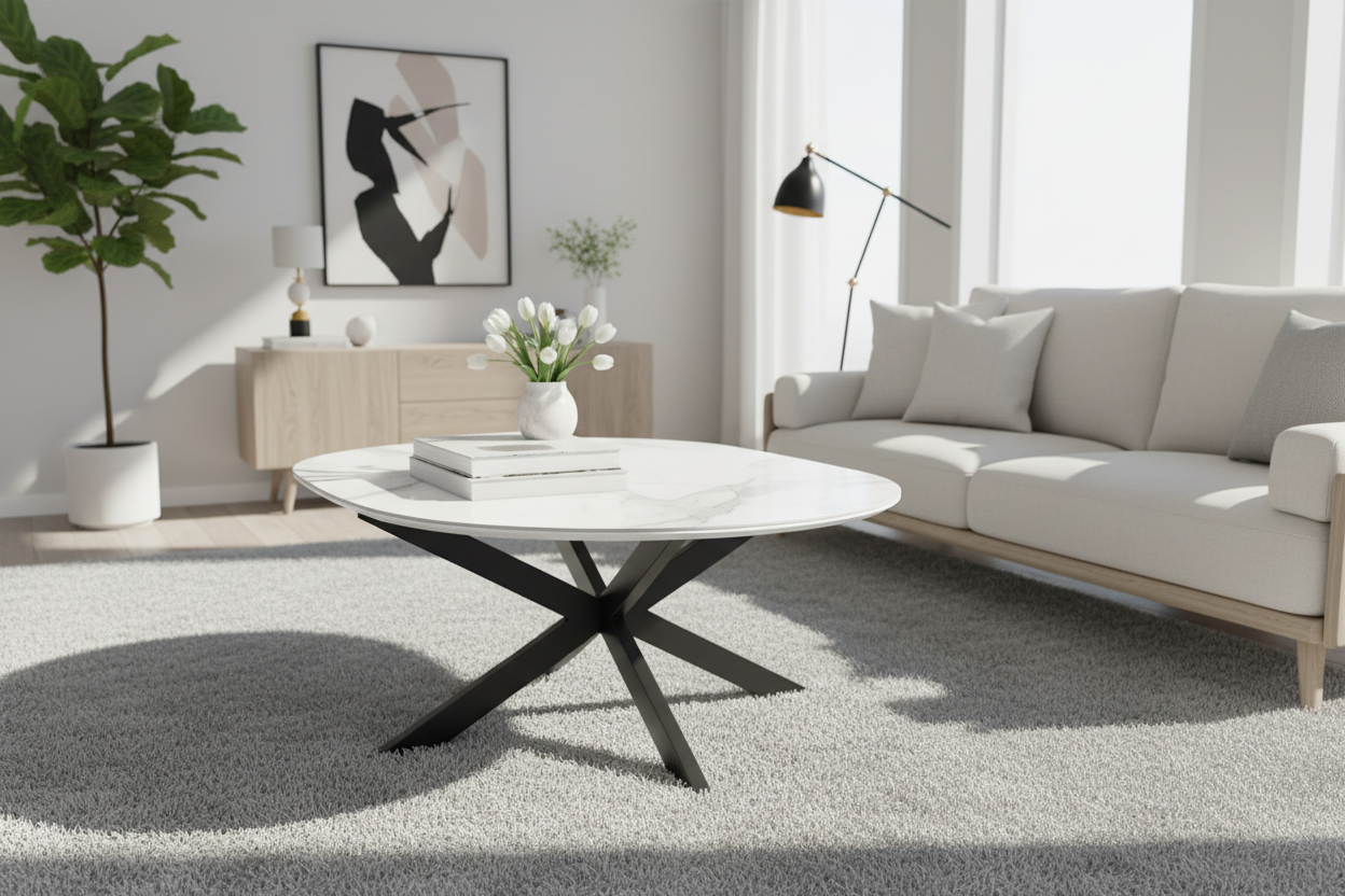 Table basse MANON Métal Noir & Céramique Marbre Blanc 120x60 cm