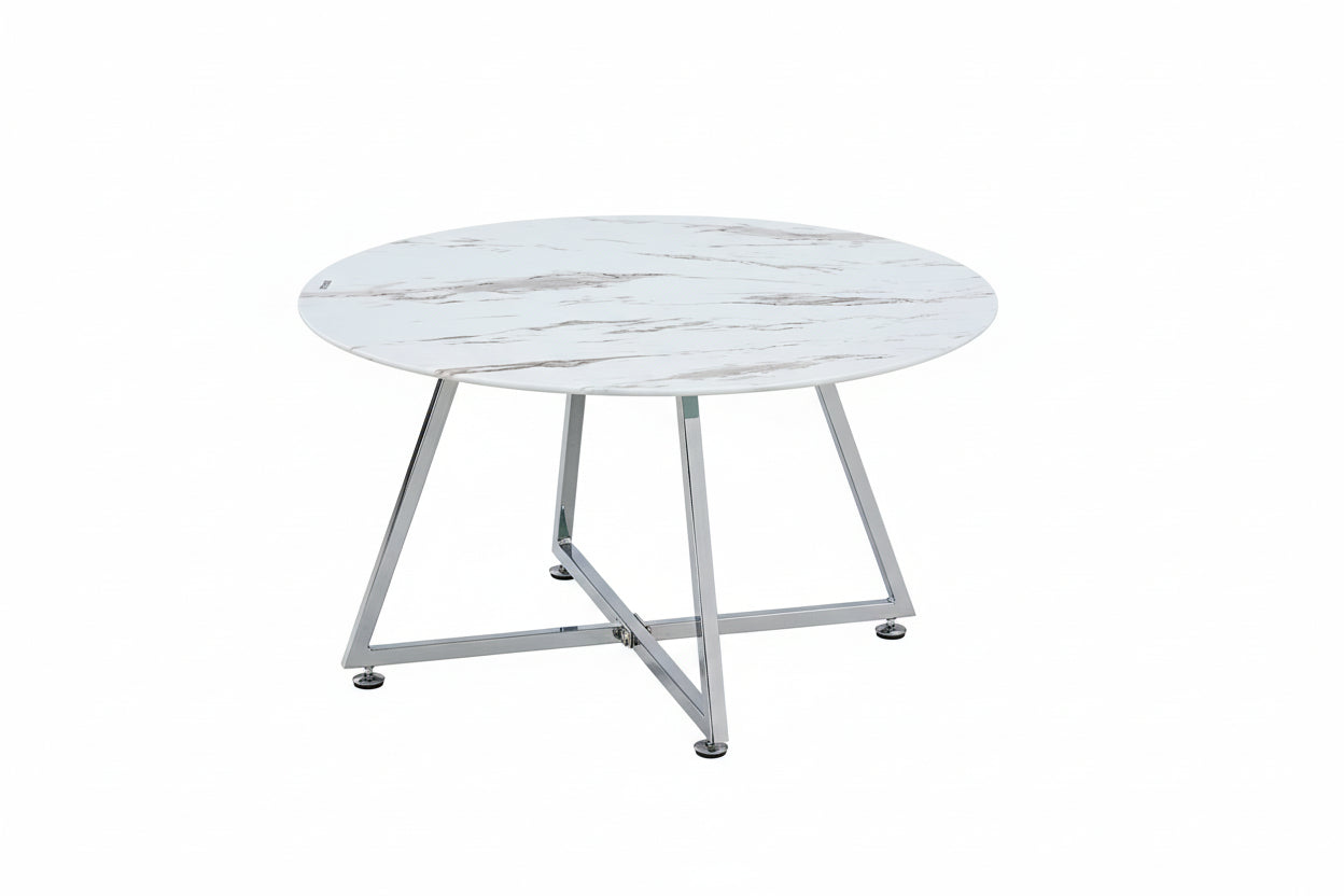 Table Basse Ronde HELOISE Métal Chrome Plateau Céramique Effet Marbre Blanc D80xH45cm