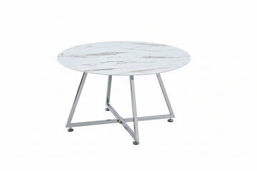 Table Basse Ronde HELOISE Métal Chrome Plateau Céramique Effet Marbre Blanc D80xH45cm