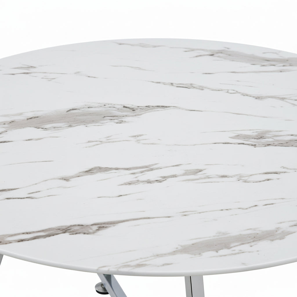 Table Basse Ronde HELOISE Métal Chrome Plateau Céramique Effet Marbre Blanc D80xH45cm