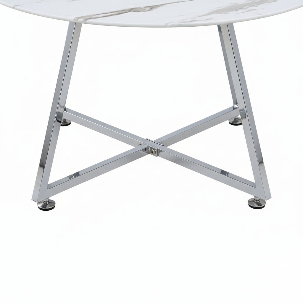 Table Basse Ronde HELOISE Métal Chrome Plateau Céramique Effet Marbre Blanc D80xH45cm
