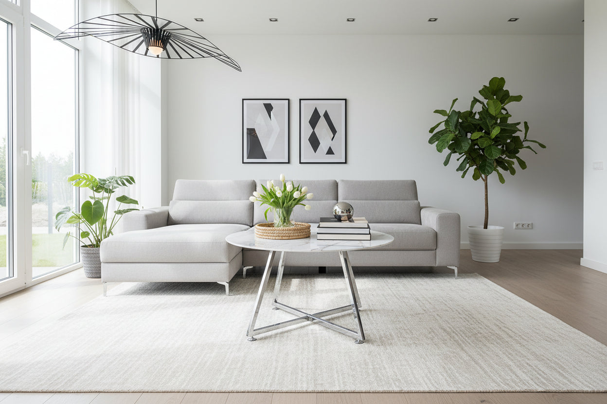 Table Basse Ronde HELOISE Métal Chrome Plateau Céramique Effet Marbre Blanc D80xH45cm