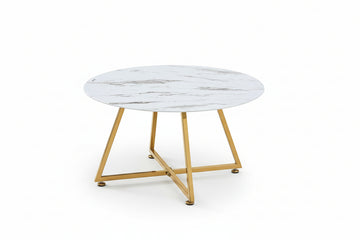 Table Basse Ronde Métal Gold Plateau Effet Marbre Blanc D80xH45cm