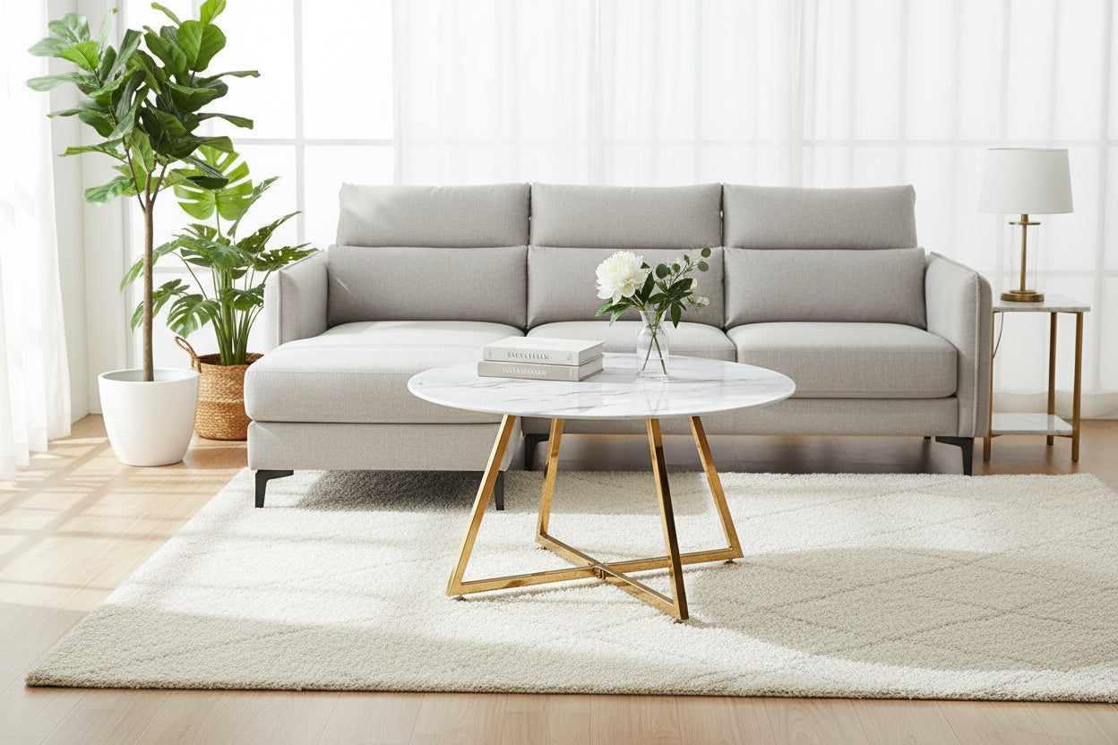 Table Basse Ronde Métal Gold Plateau Effet Marbre Blanc D80xH45cm