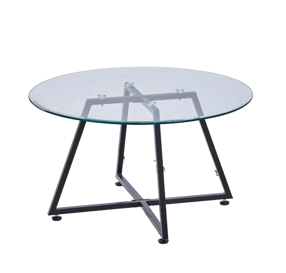 Table Basse Ronde HELOISE Métal Noir Plateau Verre Trempé Transparent D80xH45cm