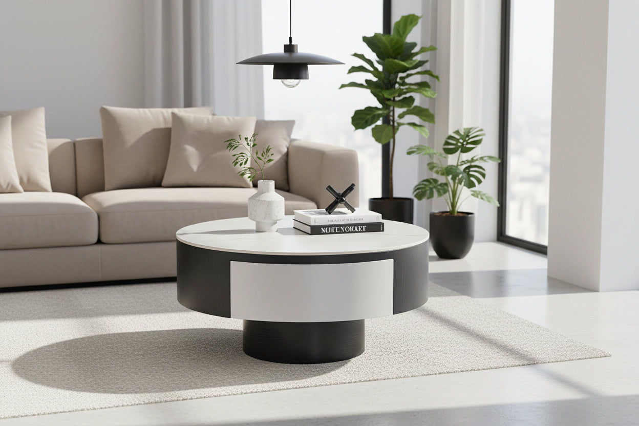 Table basse rectangulaire noir et blanc avec tiroir 80x40 cm – TORNADO