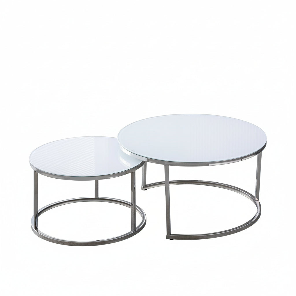 Lot de 2 tables Basses Gigogne ARTO inox et plateau en verre BLANC