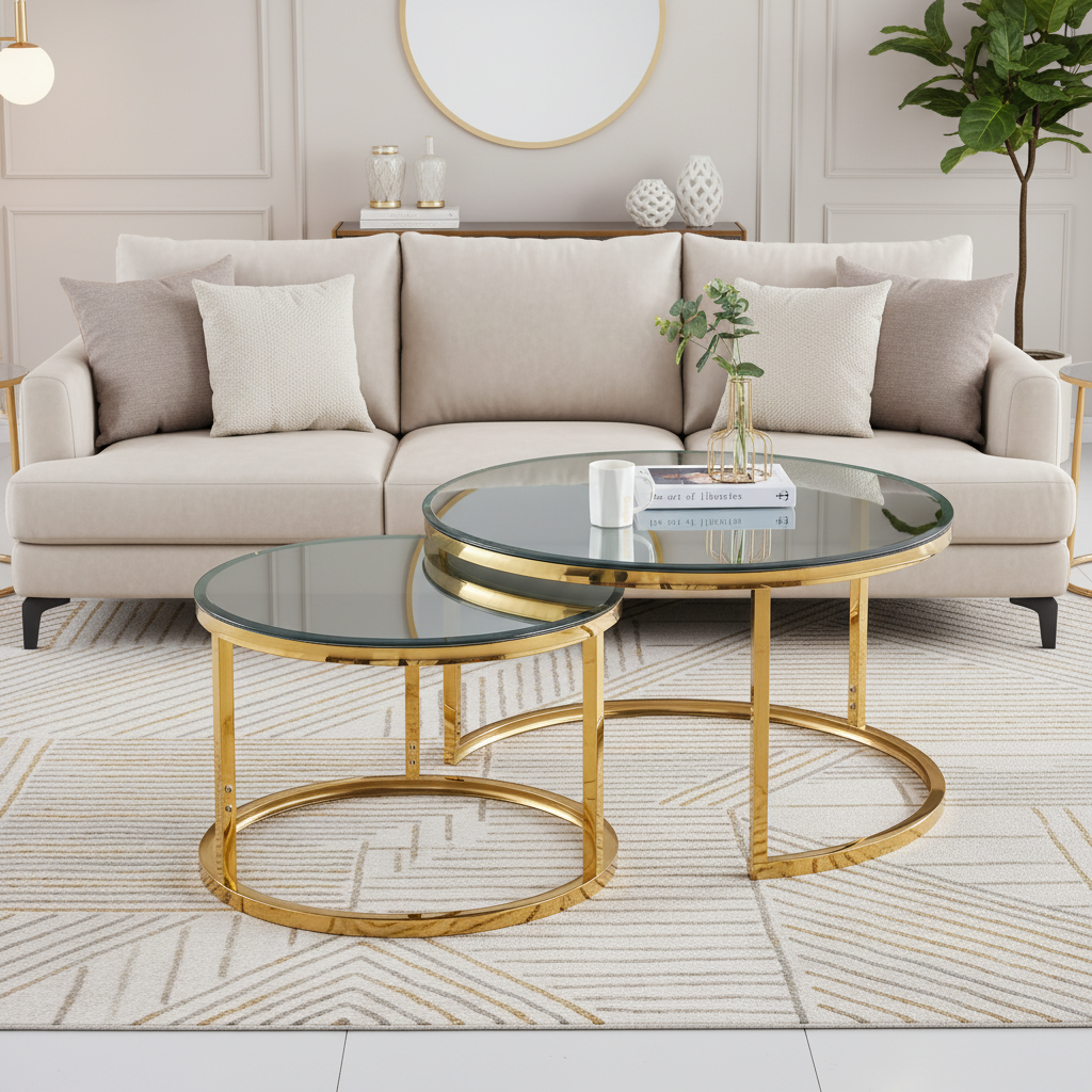 Lot de 2 tables Basses Gigogne ARTO Gold et plateau en verre Miroir