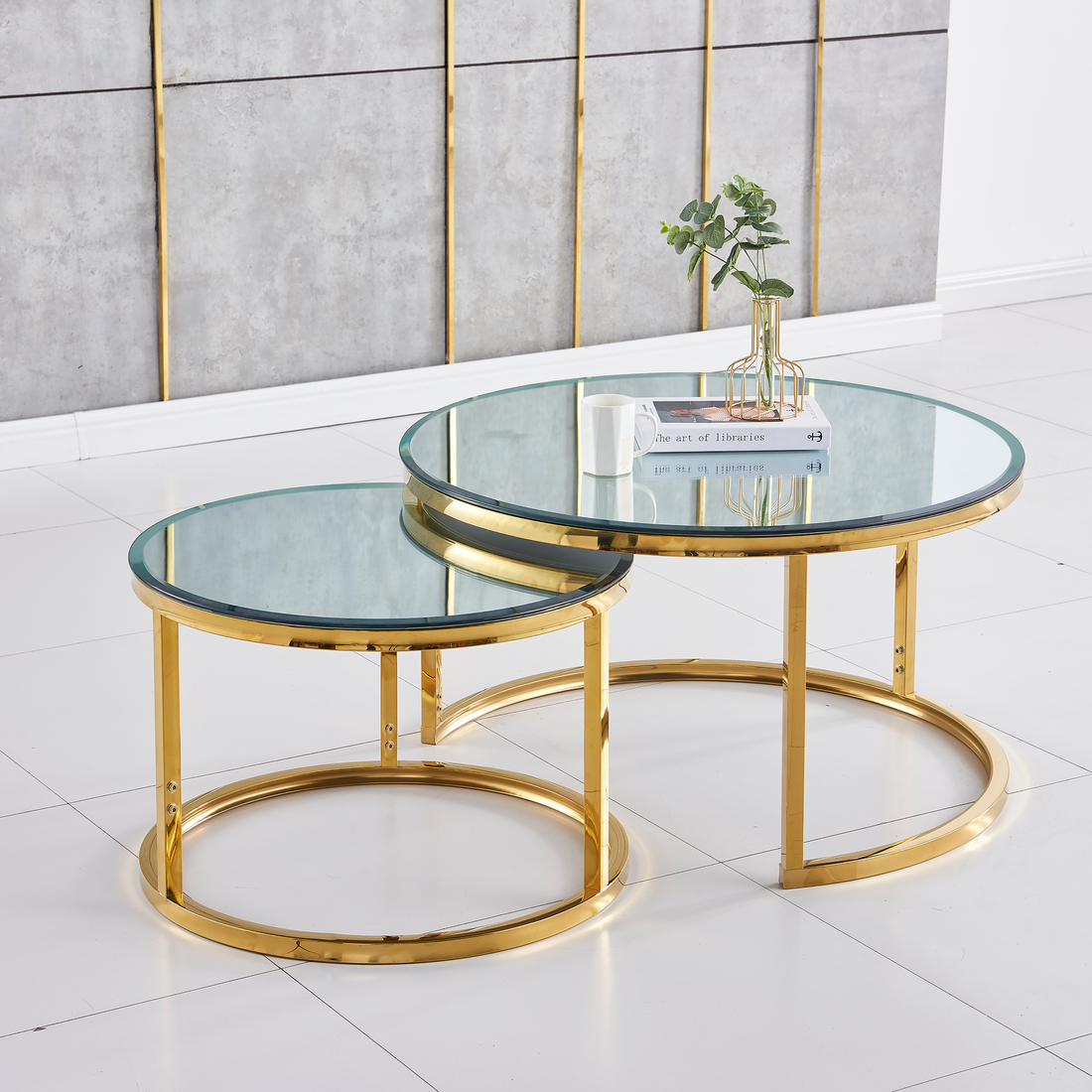 Lot de 2 tables Basses Gigogne ARTO Gold et plateau en verre Miroir