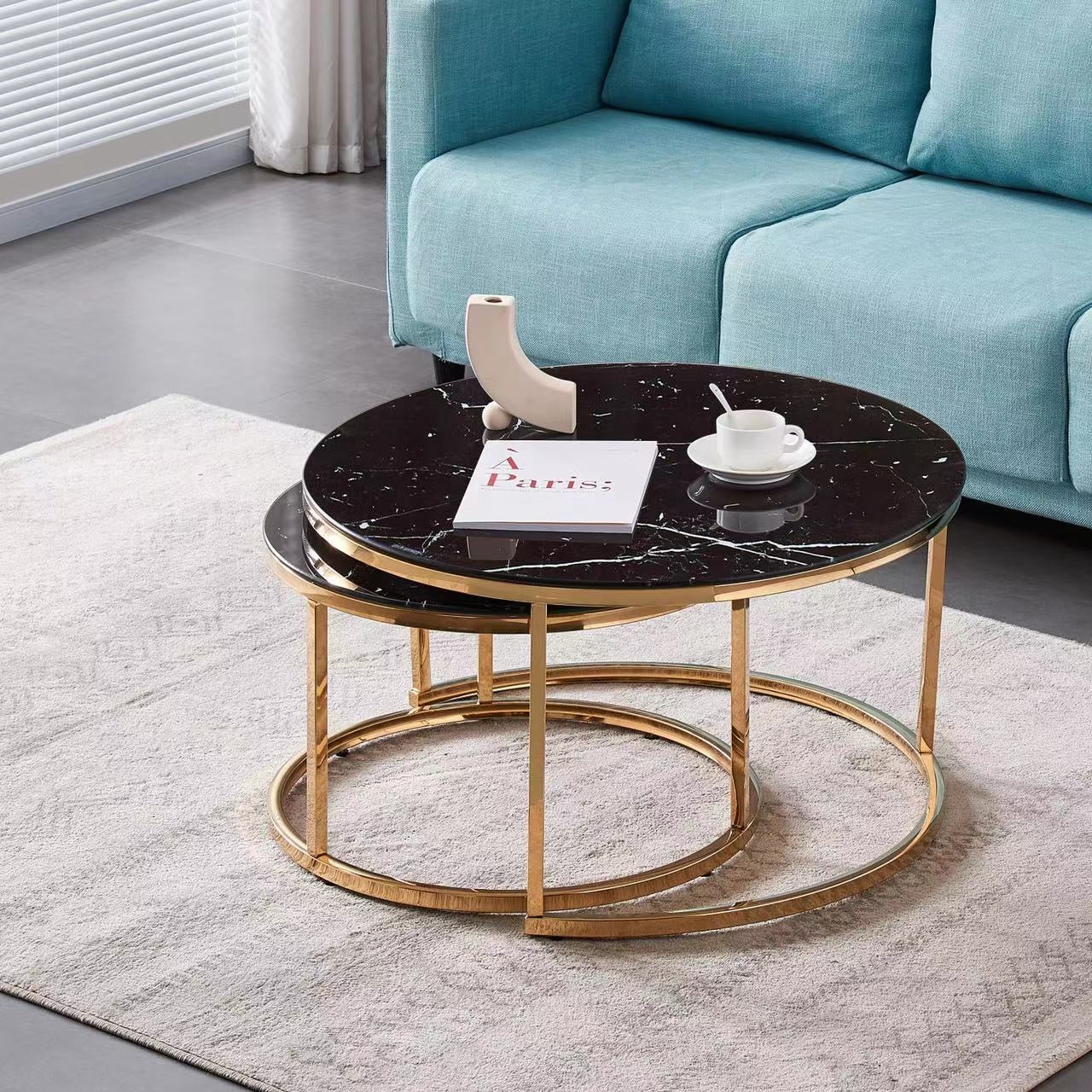 Lot de 2 tables Basses Gigogne ARTO Gold et plateau en verre Marbré Noir #couleur_marbré noir