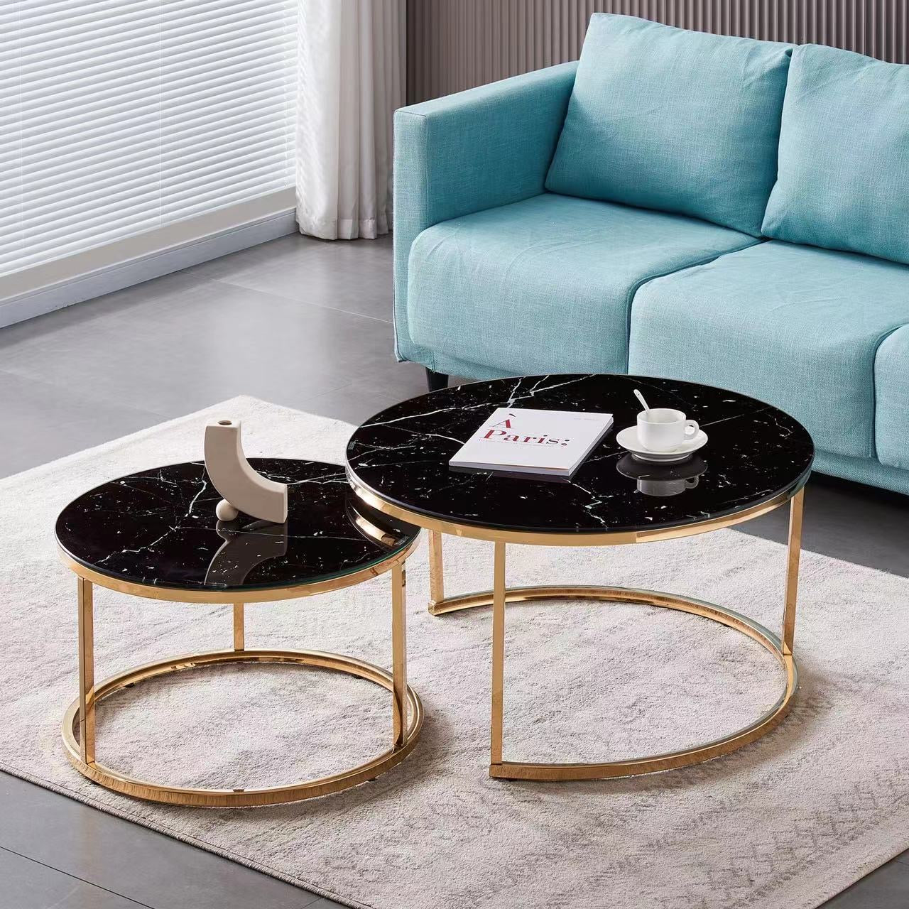 Lot de 2 tables Basses Gigogne ARTO Gold et plateau en verre Marbré Noir #couleur_marbré noir