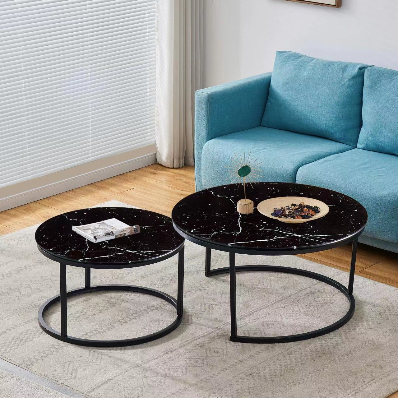Lot 2 tables basses gigognes rondes effet marbré noir D80 D60 ARTO