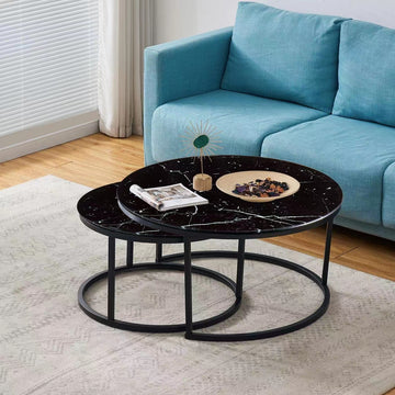 Lot de 2 tables Basses Gigogne ARTO métal noir et plateau en verre - Marbré noir