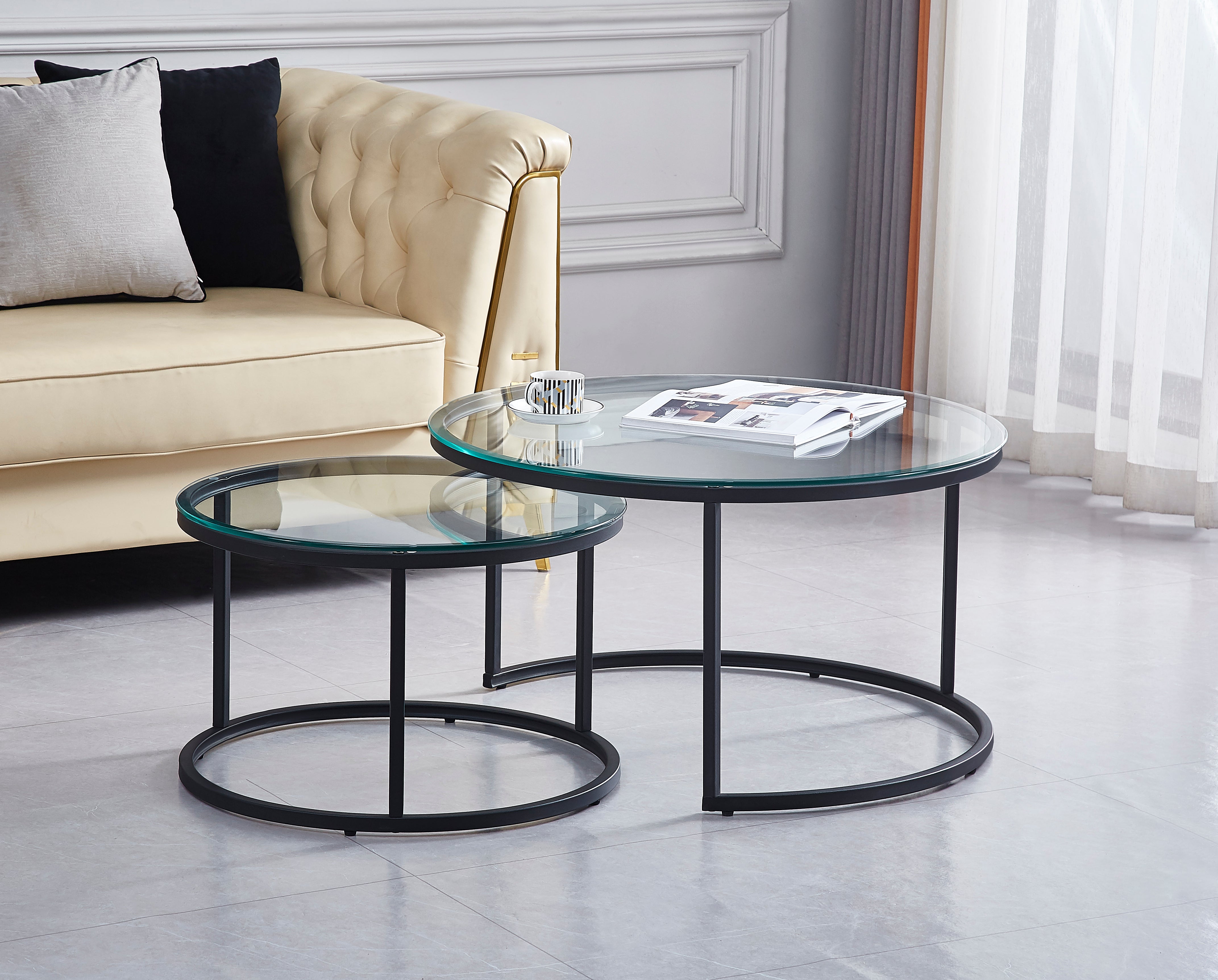 Lot 2 Tables Basses Gigognes ARTO Rondes Plateau Verre Trempé Transparent Métal Noir D80/D60