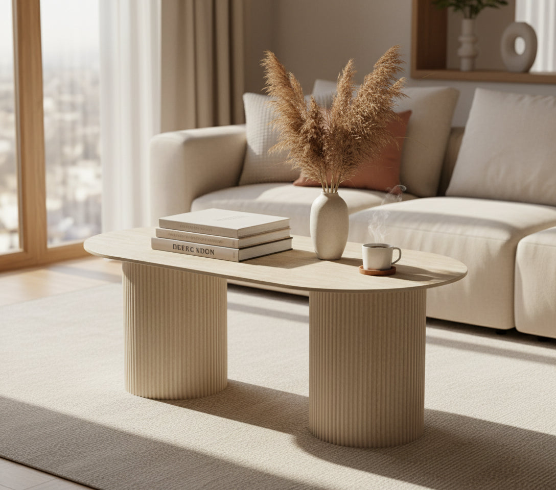 TABLE BASSE KINSHASA PIED METAL EFFET TRAVERTIN PLATEAU CERAMIQUE TRAVERTIN MAT 120x60x45cm